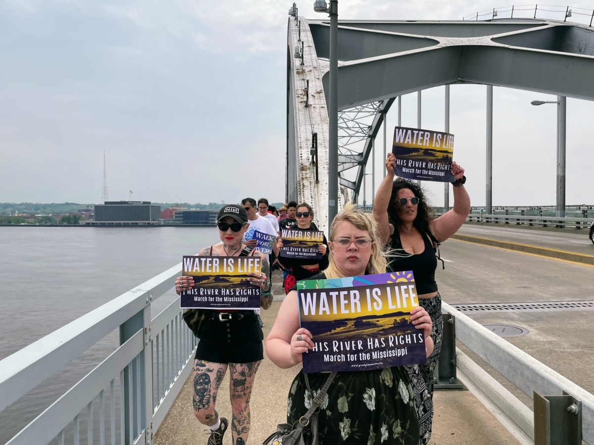 Protestors march with signs in hand reading, "Water is life."