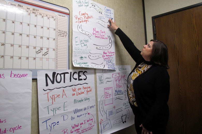 Oconto County Clerk Kim Pytelski displays hand-drawn posters in her office.