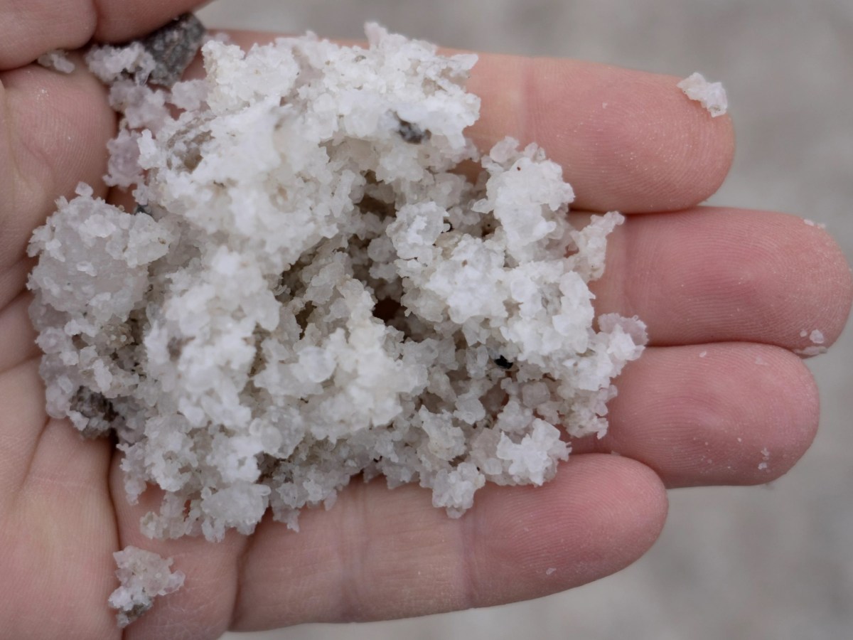 An open hand holding rock salt.