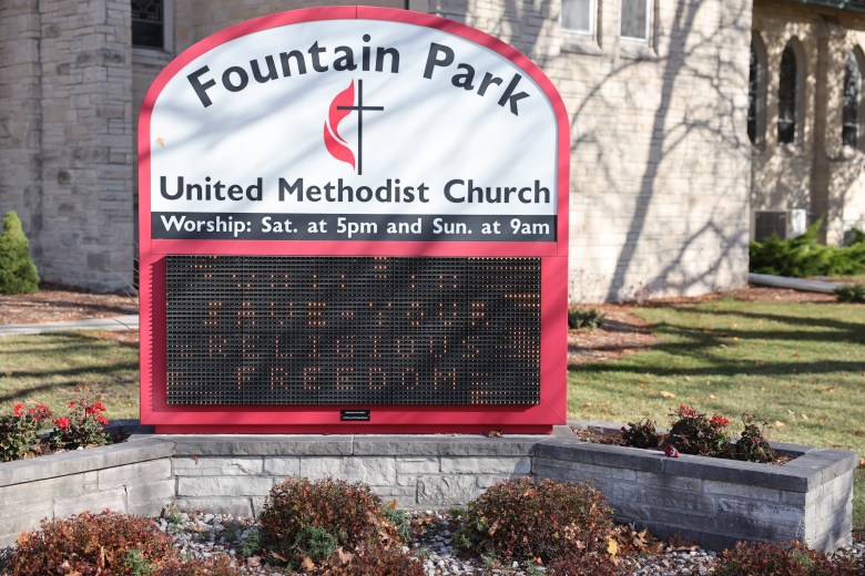 A digital sign at the Fountain Park United Methodist Church in Sheboygan, Wis., reads “Vote to save your religious freedom.”